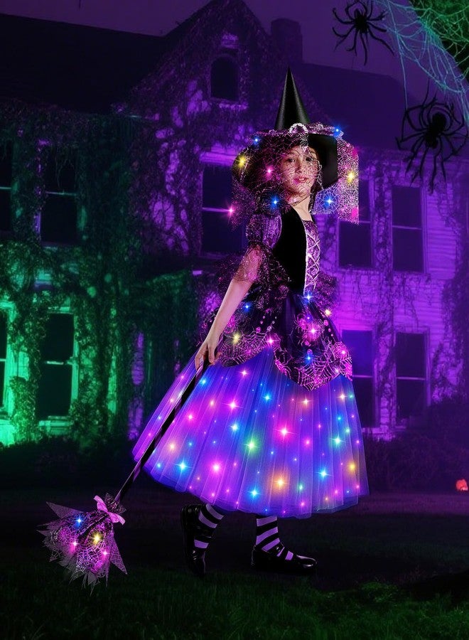 Relaehih Light Up Girls Witch Costume, Kids Witch Costume for girls, with witches Hat and Broom for Toddler, Halloween costume for Dress Party (4-11 Years Old) - Image 2